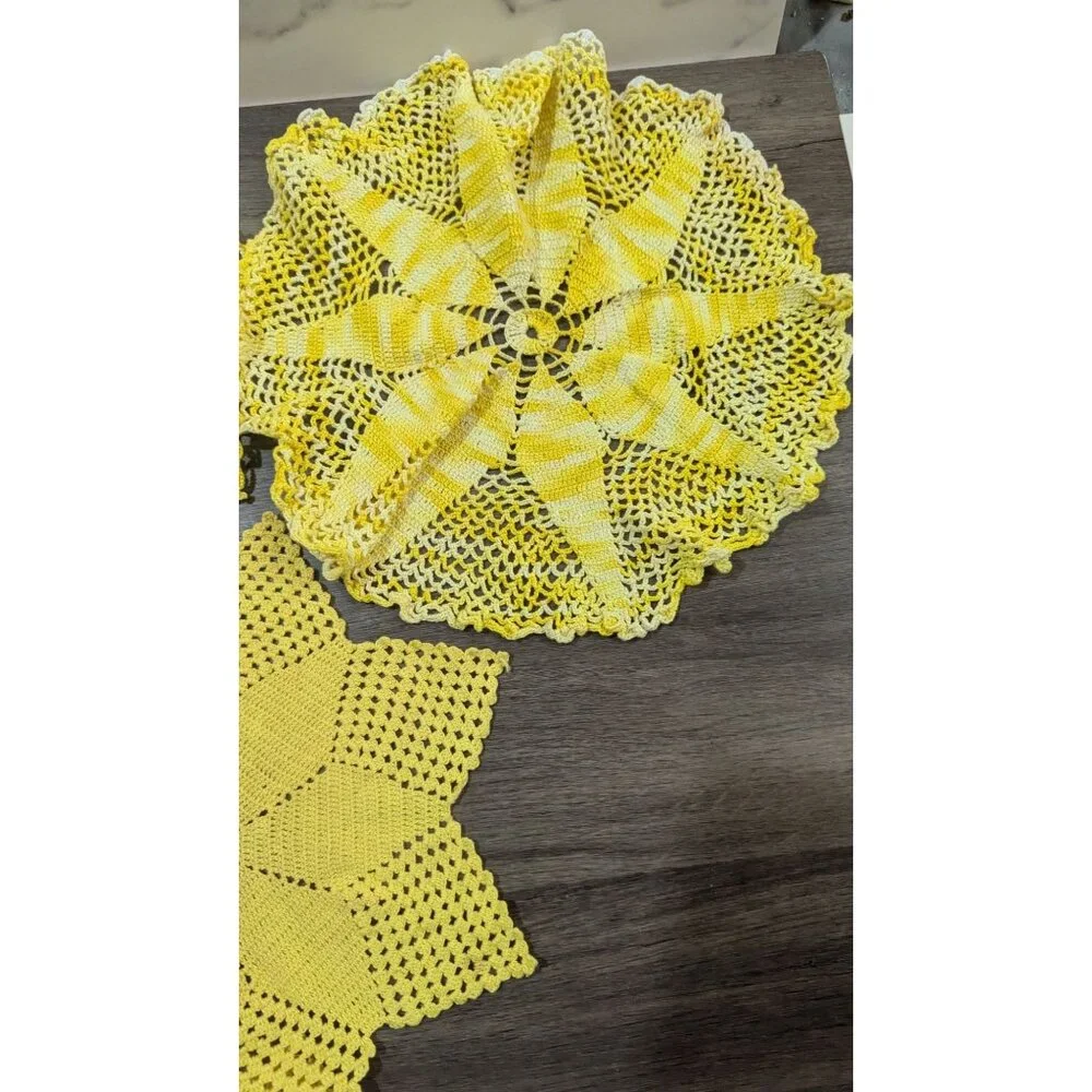 Crocheted Yellow Starburst Lace Doily Set Of 3 Handmade ~12